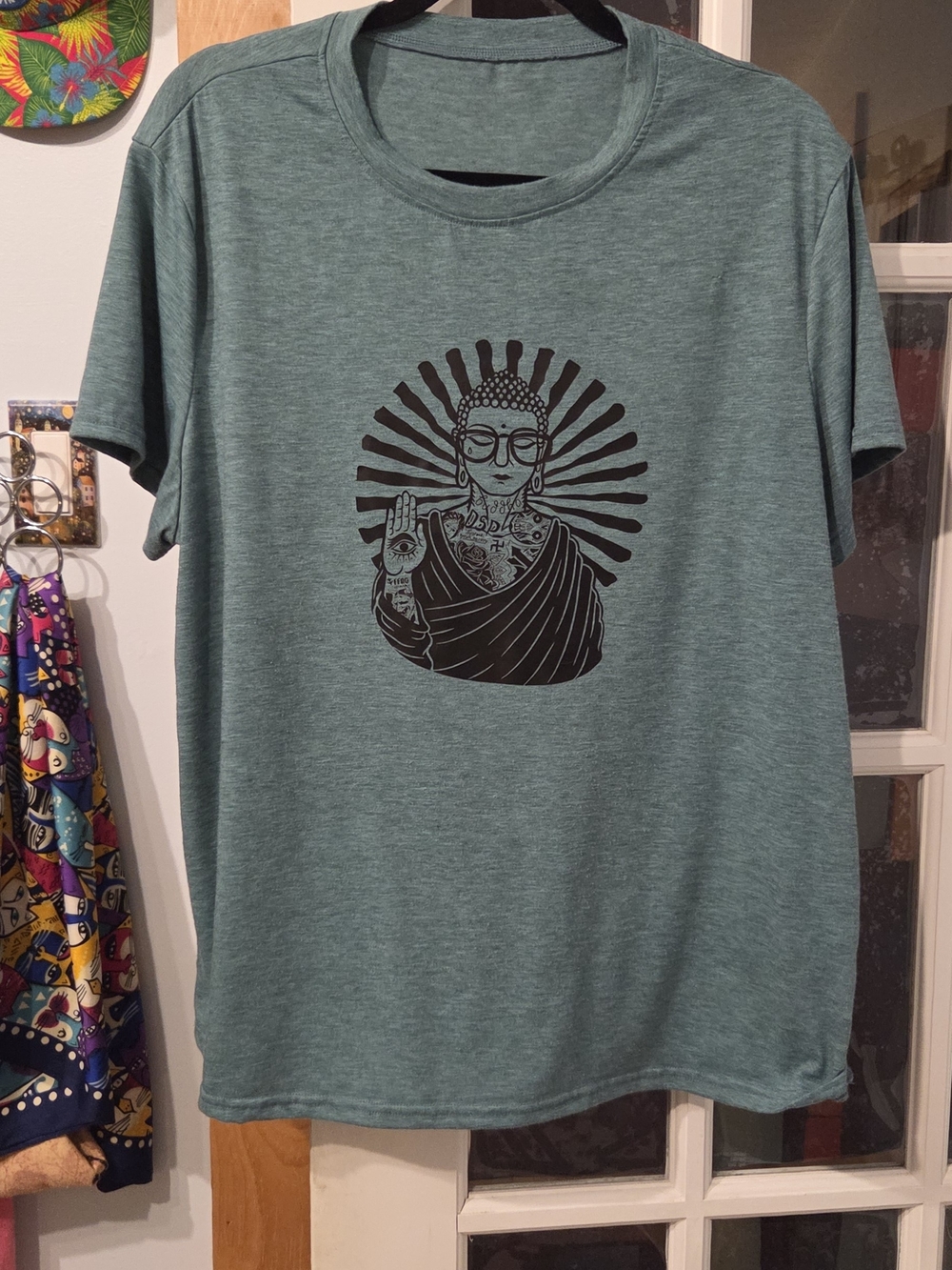 Women's Tee in Teal with Buddha  and Pink Flamingo Tshirt